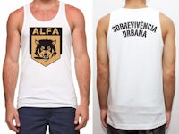 a man wearing a white tank top with the word alfa on it