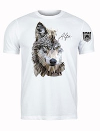 a white t - shirt with an image of a wolf